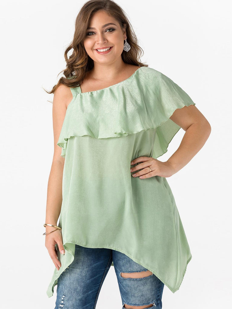 One Shoulder Plain Tiered Backless Short Sleeve Irregular Hem Green Plus Size Tops