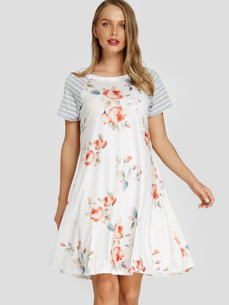 White Round Neck Short Sleeve Stripe Floral Print Dresses