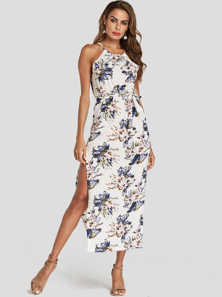 White Halter Sleeveless Floral Print Slit Hem Dresses