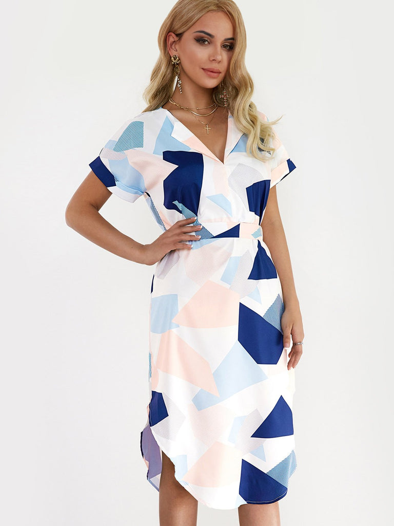 V-Neck Short Sleeve Printed Slit Self-Tie Curved Hem Dresses