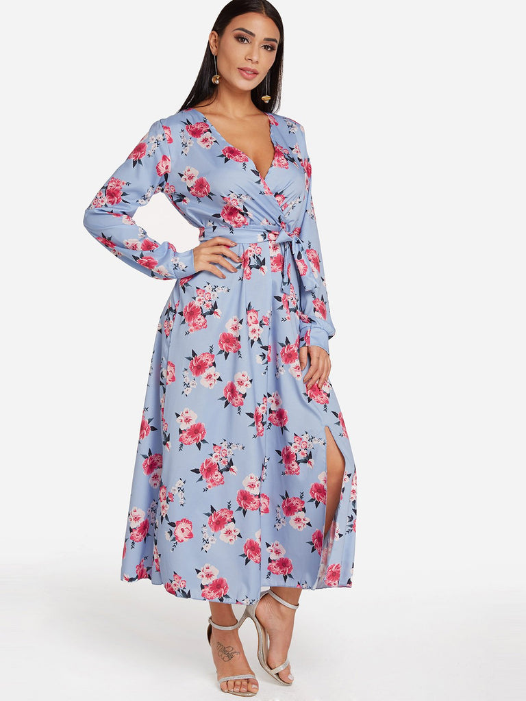 Red V-Neck Long Sleeve Floral Print Lace-Up Slit Hem Dresses