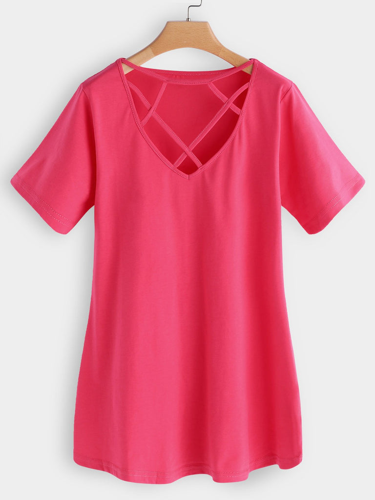 V-Neck Plain Crossed Front Hollow Lace-Up Cut Out Short Sleeve Pink T-Shirts