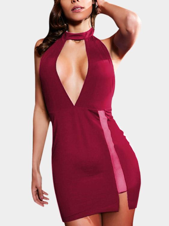 Burgundy Halter Sleeveless Backless Cut Out Slit Hem Sexy Dresses