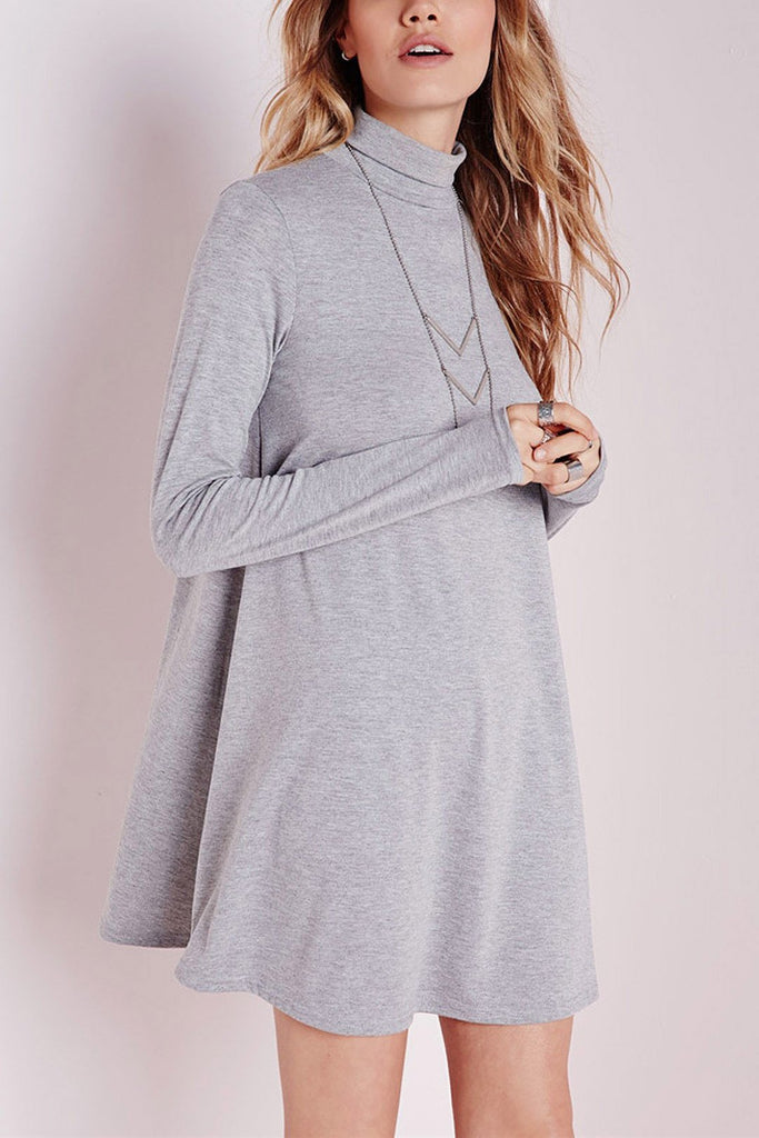 Grey Roll Neck Long Sleeve Casual Dress