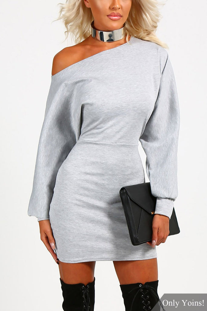 Grey Asymmetrical Long Sleeve Sexy Dress