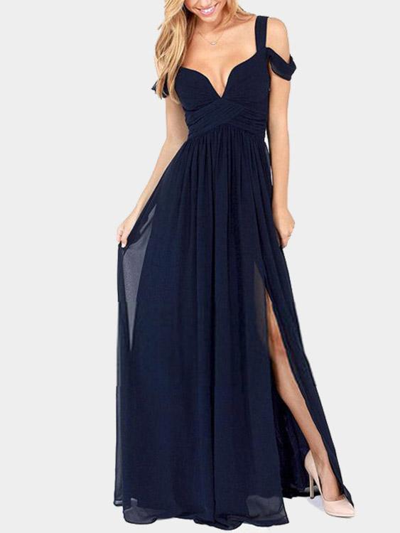 Deep V Neck Short Sleeve Plain Slit Hem Sexy Dresses