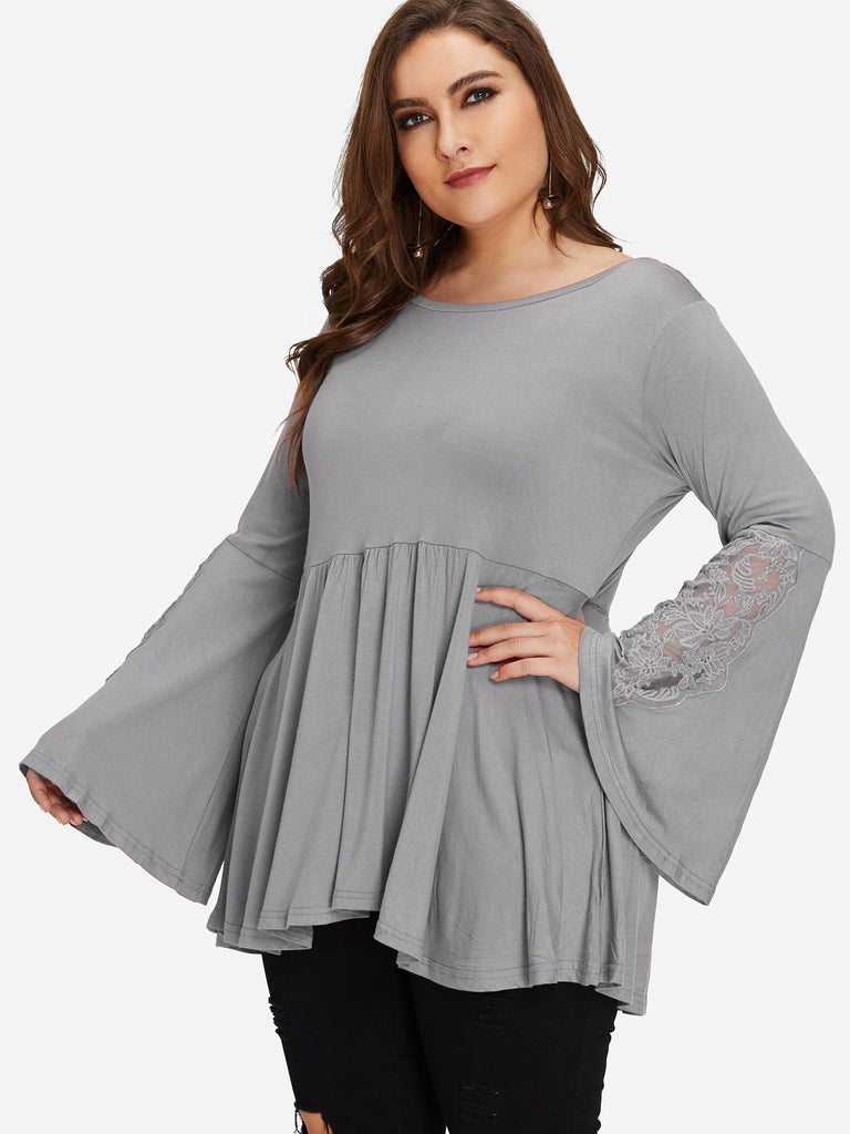 Round Neck Plain Lace Pleated Self-Tie Long Sleeve Grey Plus Size Tops