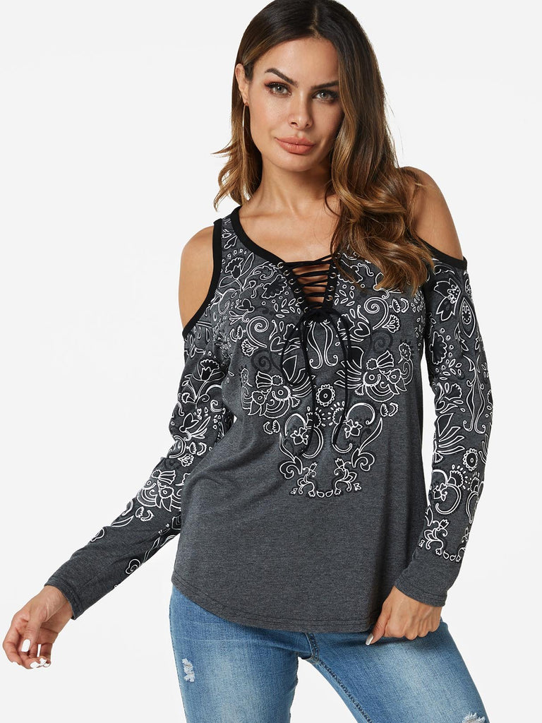 V-Neck Cold Shoulder Floral Print Lace-Up Long Sleeve Grey T-Shirts