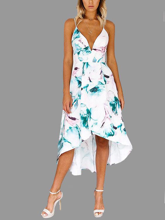 Deep V-Neck Sleeveless Floral Print Zip Back Backless Slit Hem Maxi Dress