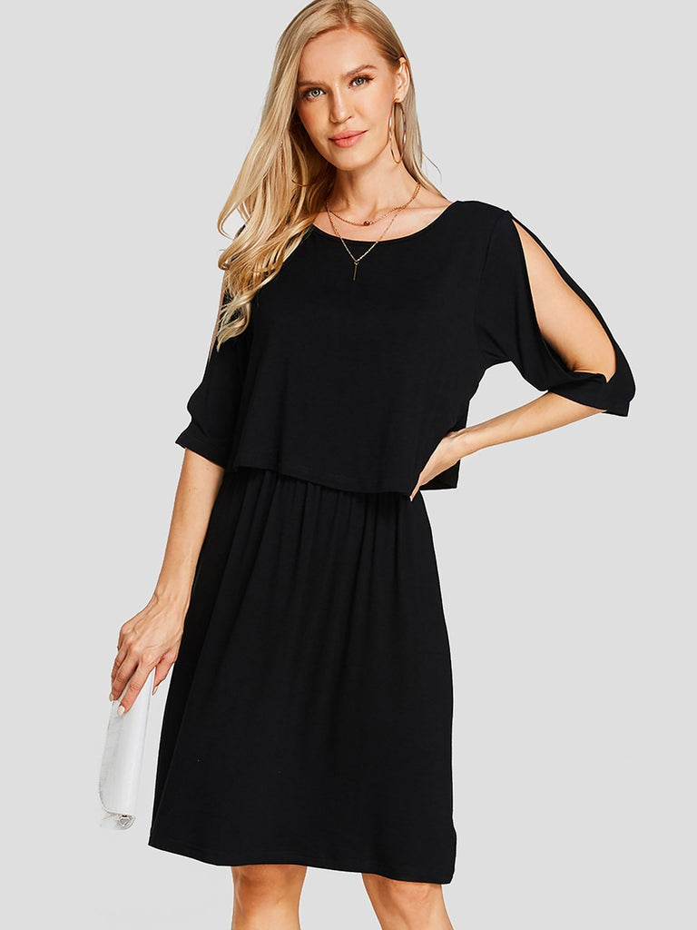 Black Round Neck Half Sleeve Plain Cut Out Casual Dress