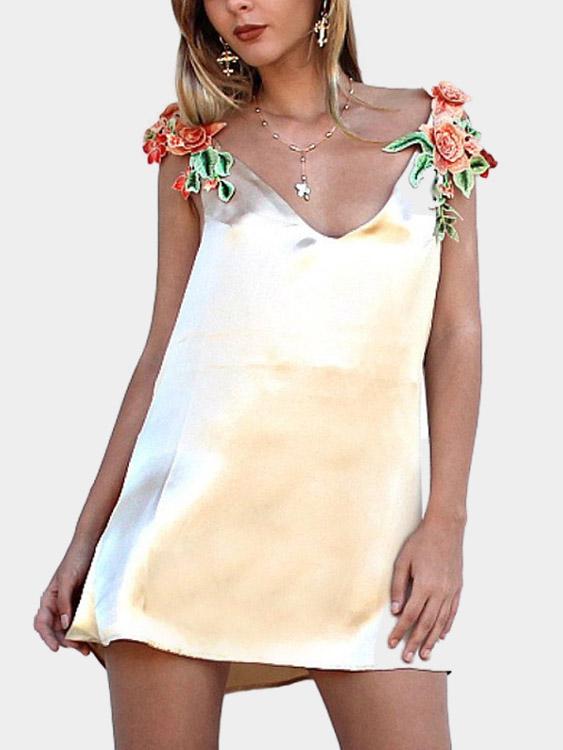 Gold V-Neck Sleeveless Embroidered Mini Dress