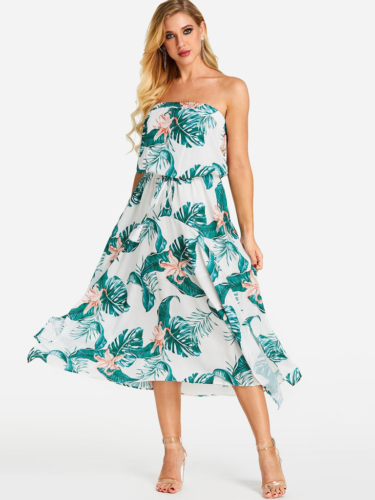 Strapless Sleeveless Floral Print Slit Hem Dresses