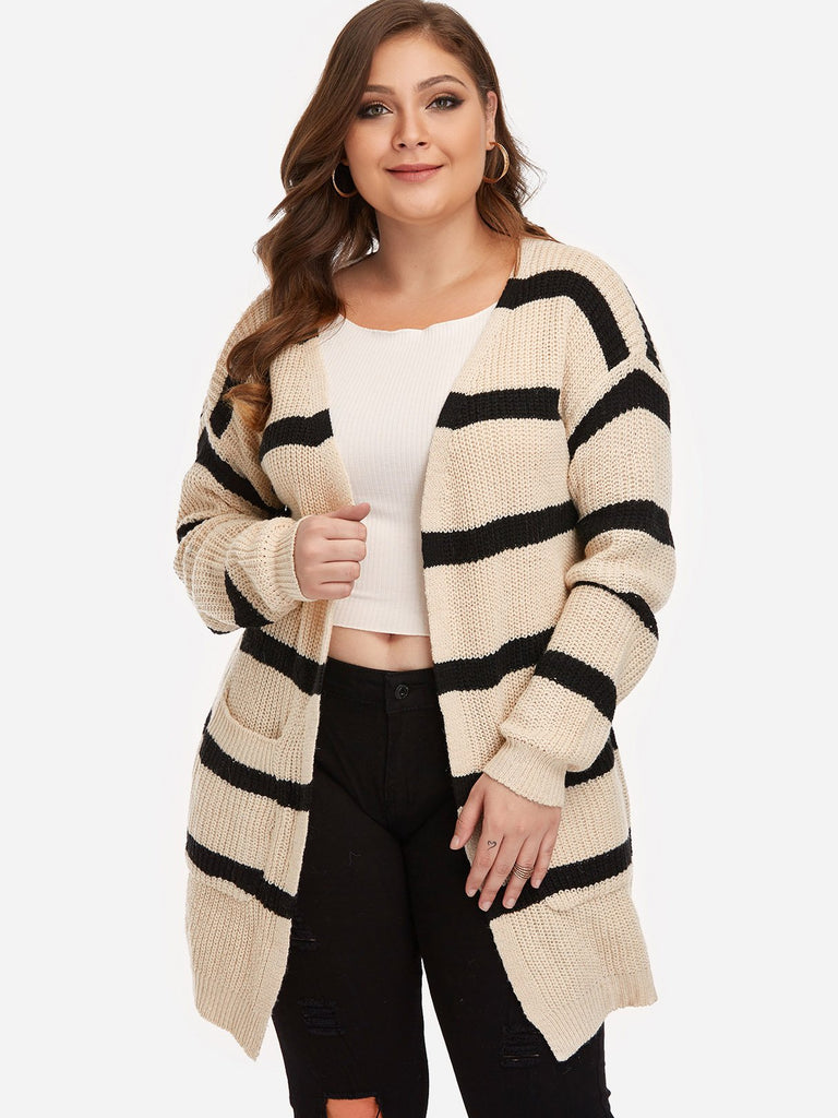 Stripe Side Pockets Long Sleeve Apricot Plus Size Tops