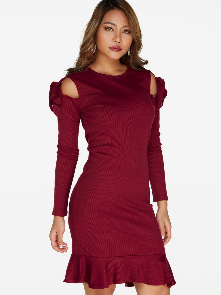 Burgundy Round Neck Long Sleeve Cut Out Bowknot Sexy Dress