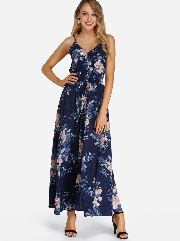 Navy V-Neck Sleeveless Floral Print Slit Hem Dresses