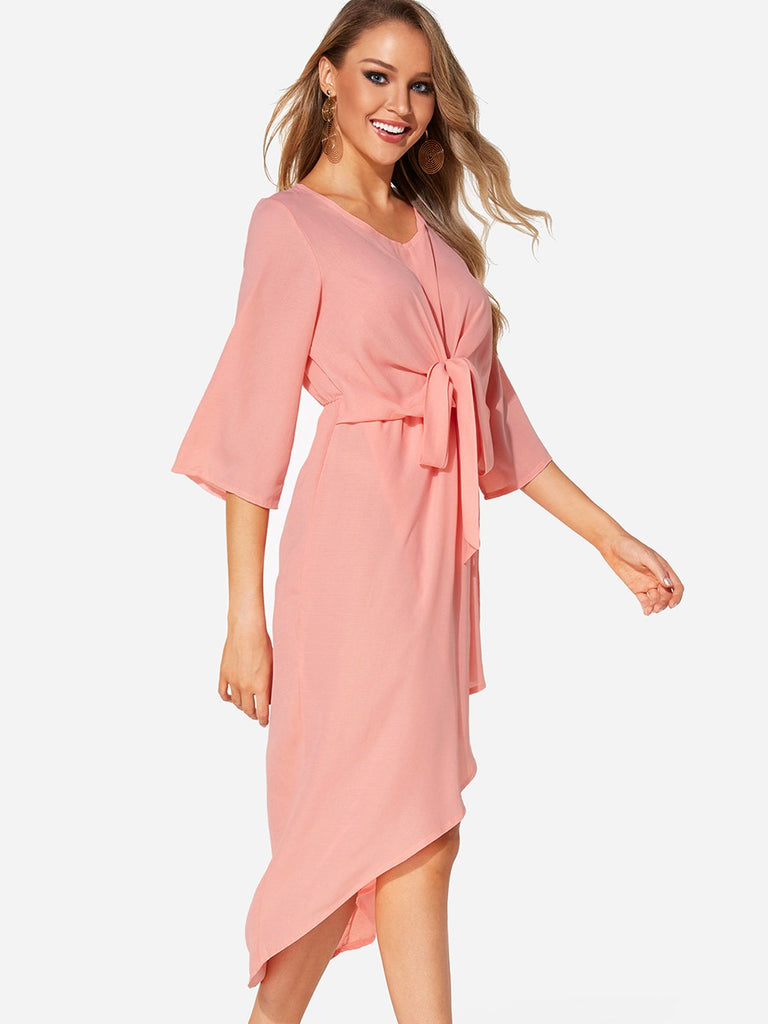 Pink 3/4 Length Sleeve Plain Self-Tie Casual Dress