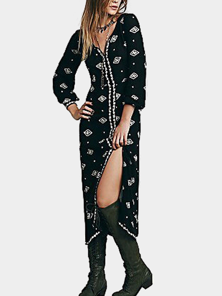 V-Neck Embroidered Long Sleeve Slit Hem Black Midi Dress