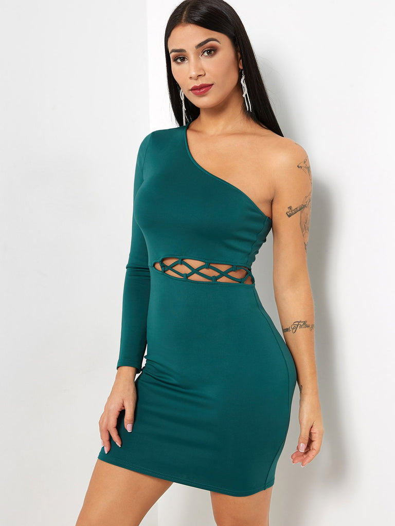 Green One Shoulder Long Sleeve Hollow Sexy Dresses