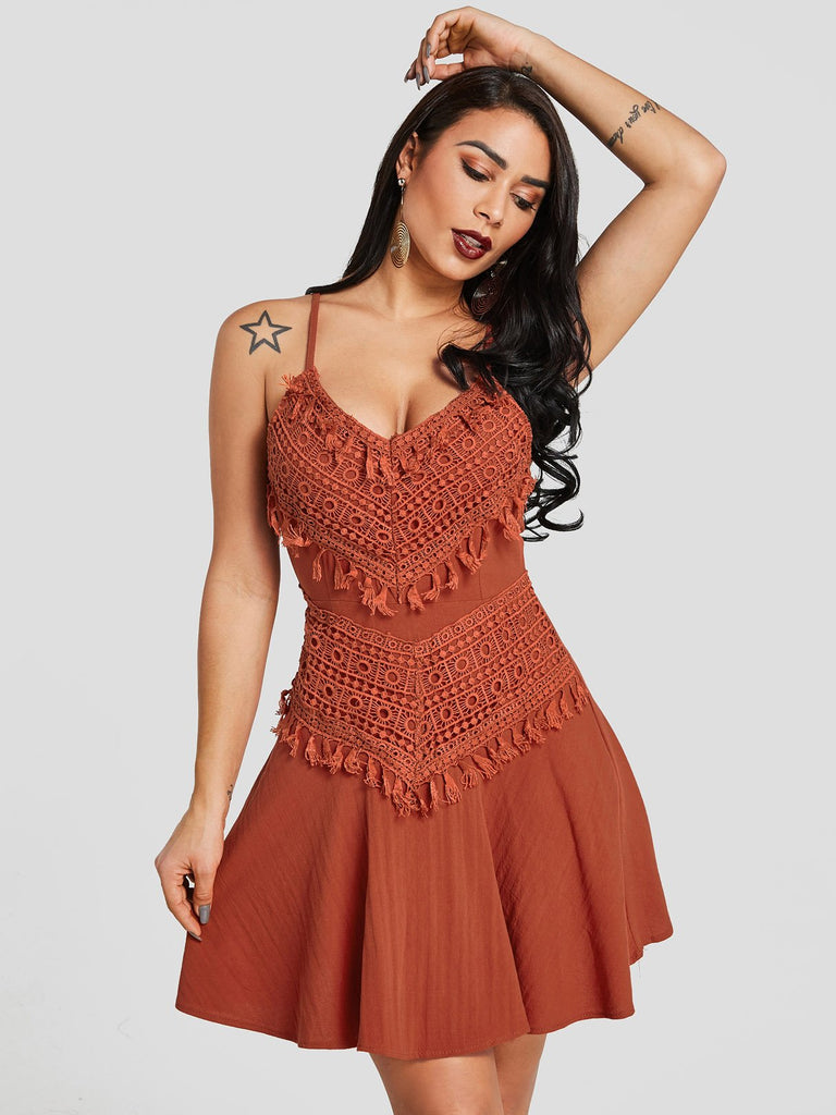 Orange V-Neck Sleeveless Backless Self-Tie Lace Insert Dresses