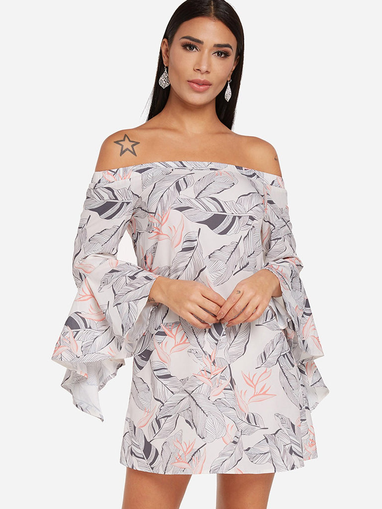 White Off The Shoulder Long Sleeve Printed Backless Dresses