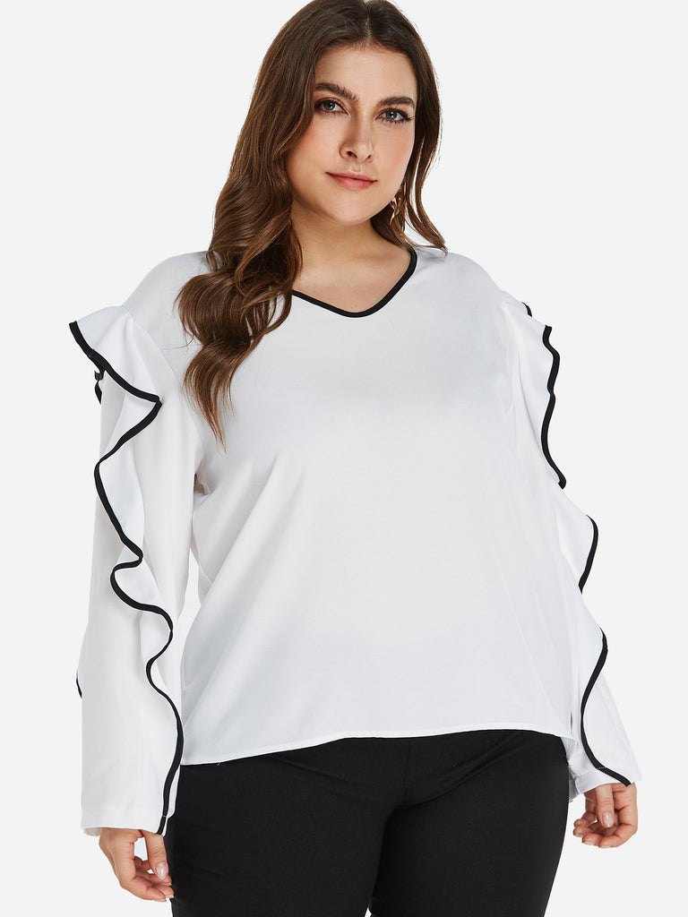 Round Neck Plain Ruffle Trim Long Sleeve White Plus Size Tops