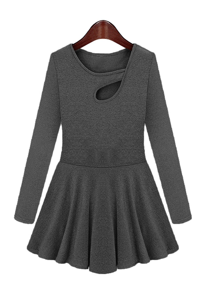 Long Sleeve Flounced Hem Black Plus Size Dresses