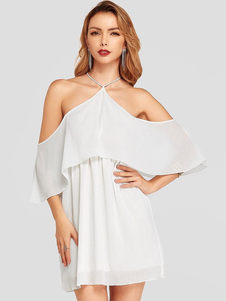 White Halter Off The Shoulder 3/4 Sleeve Length Plain Spaghetti Strap Self-Tie Dresses