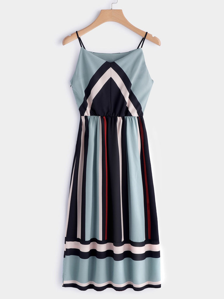 V-Neck Stripe Zip Back Backless Spaghetti Strap Sleeveless Beach Dresses 