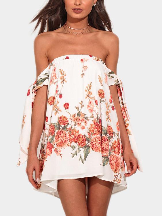 White Off The Shoulder Short Sleeve Floral Print Dresses