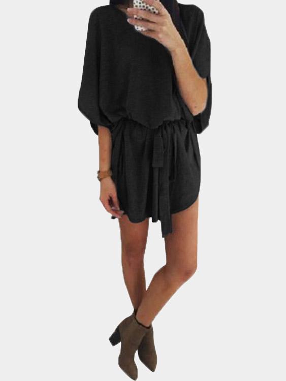 Black Round Neck Half Sleeve Irregular Hem Casual Dress