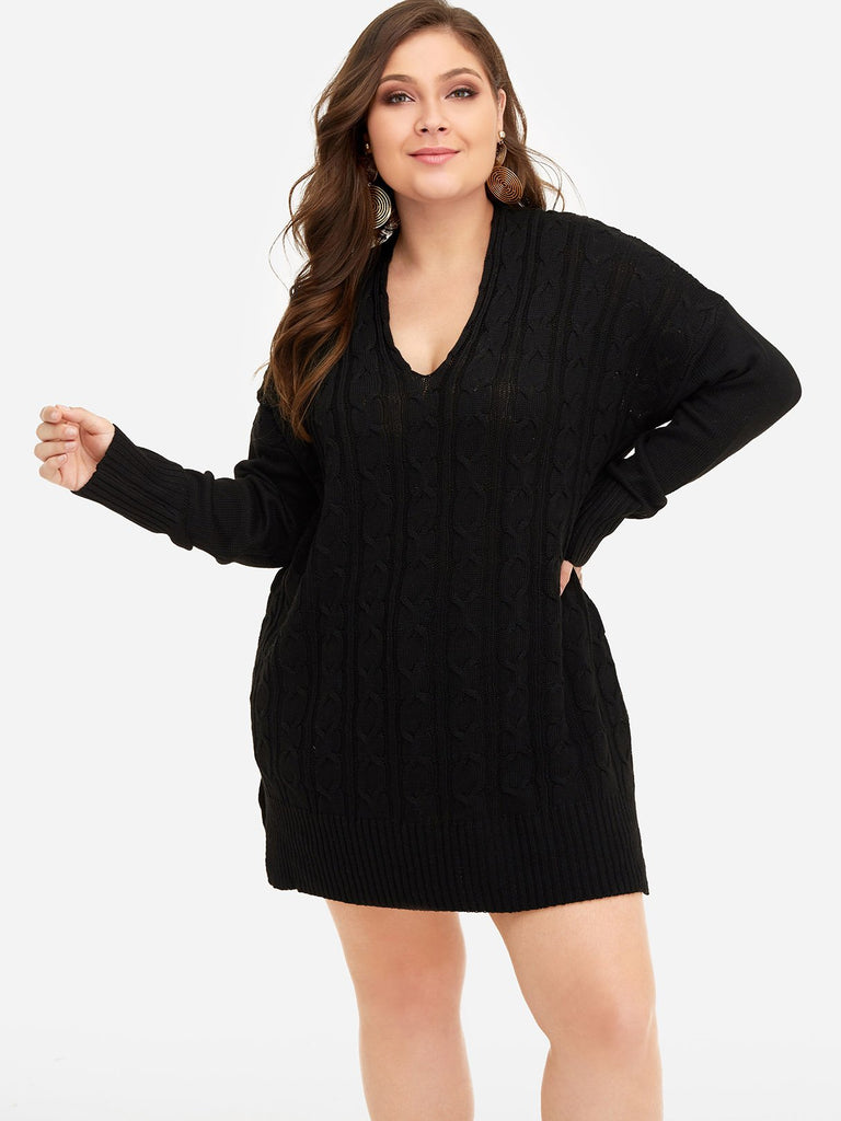 Black Plus Size V-Neck Plain Long Sleeve Tops