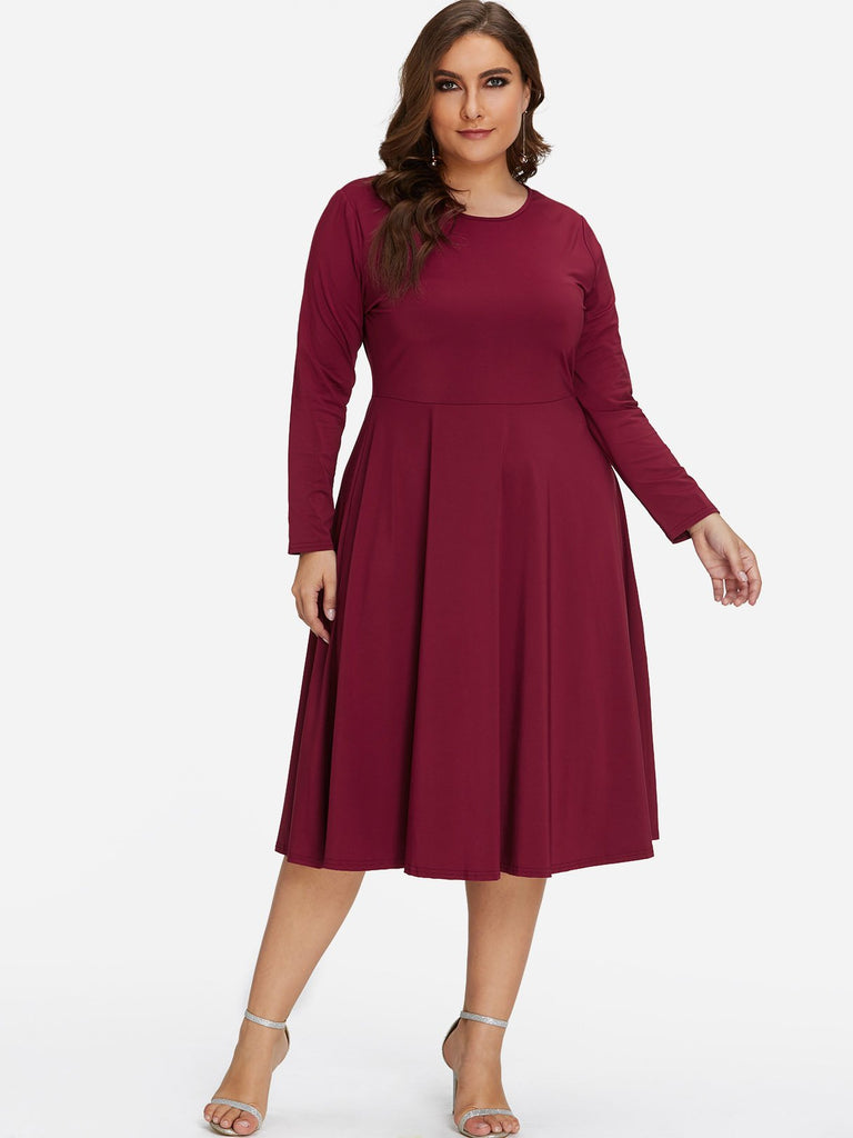 Round Neck Plain Long Sleeve Burgundy Plus Size Dress