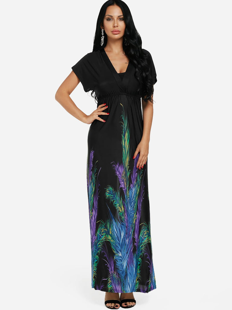 Black V-Neck Short Sleeve Printed Lace Flounced Hem Maxi Dress