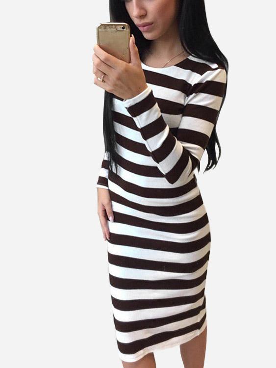 Round Neck Long Sleeve Stripe Slit Hem Midi Dress