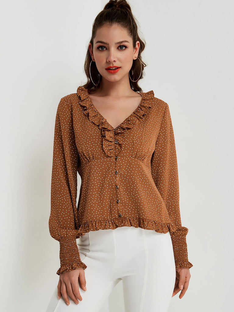 V-Neck Polka Dot Pleated Long Sleeve Flounced Hem Brown Blouses