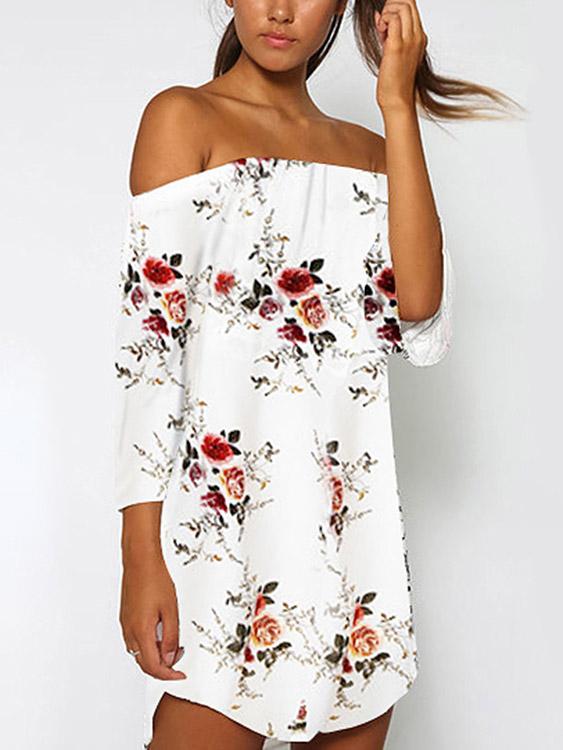 White Off The Shoulder 3/4 Sleeve Length Curved Hem Dresses