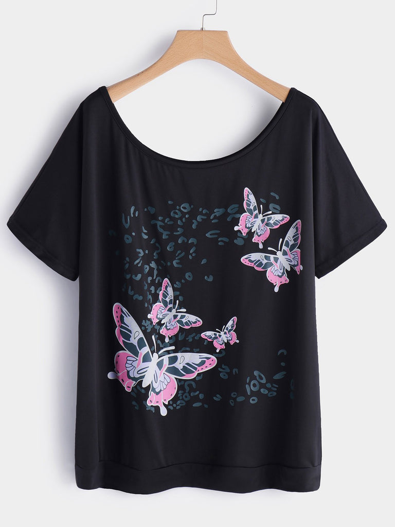 Round Neck Animal Short Sleeve Black Plus Size Tops