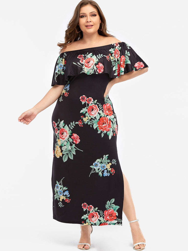 Off The Shoulder Floral Print Half Sleeve Black Plus Size Maxi Dresses