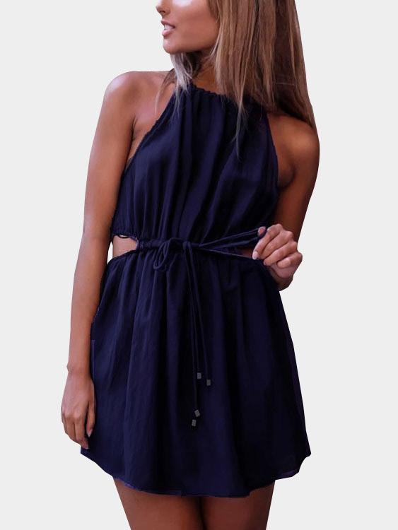 Blue Halter Sleeveless Lace-Up Cut Out Mini Dresses