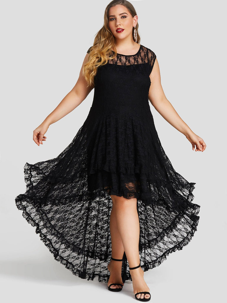 Round Neck Lace Tiered Sleeveless Black Plus Size Dress