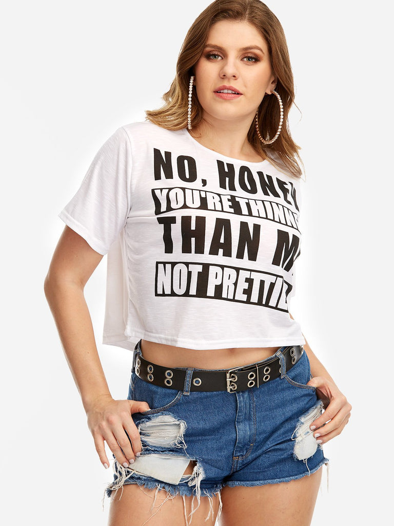 Round Neck Letter Short Sleeve White Plus Size Tops