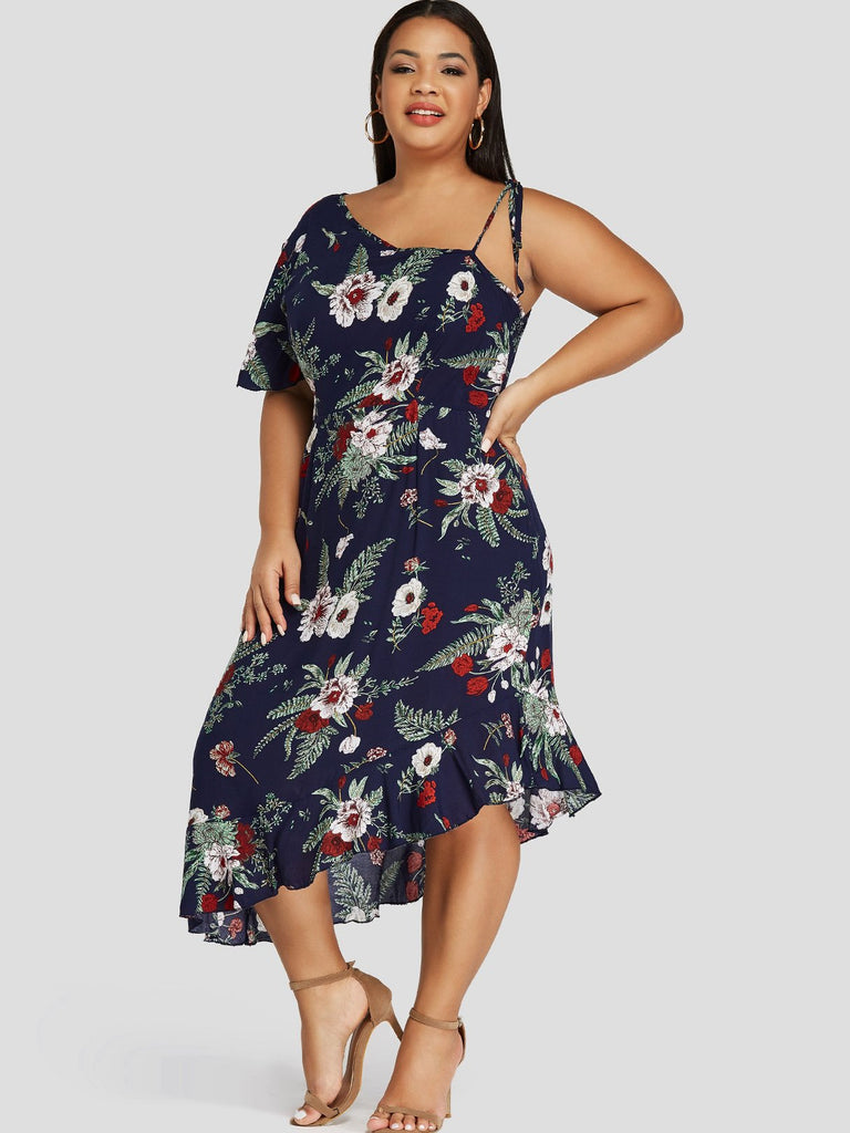 One Shoulder Floral Print Self-Tie Ruffle Trim Short Sleeve Irregular Hem Navy Plus Size Dress