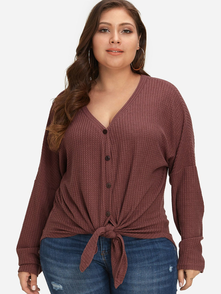 V-Neck Plain Self-Tie Long Sleeve Plus Size Tops