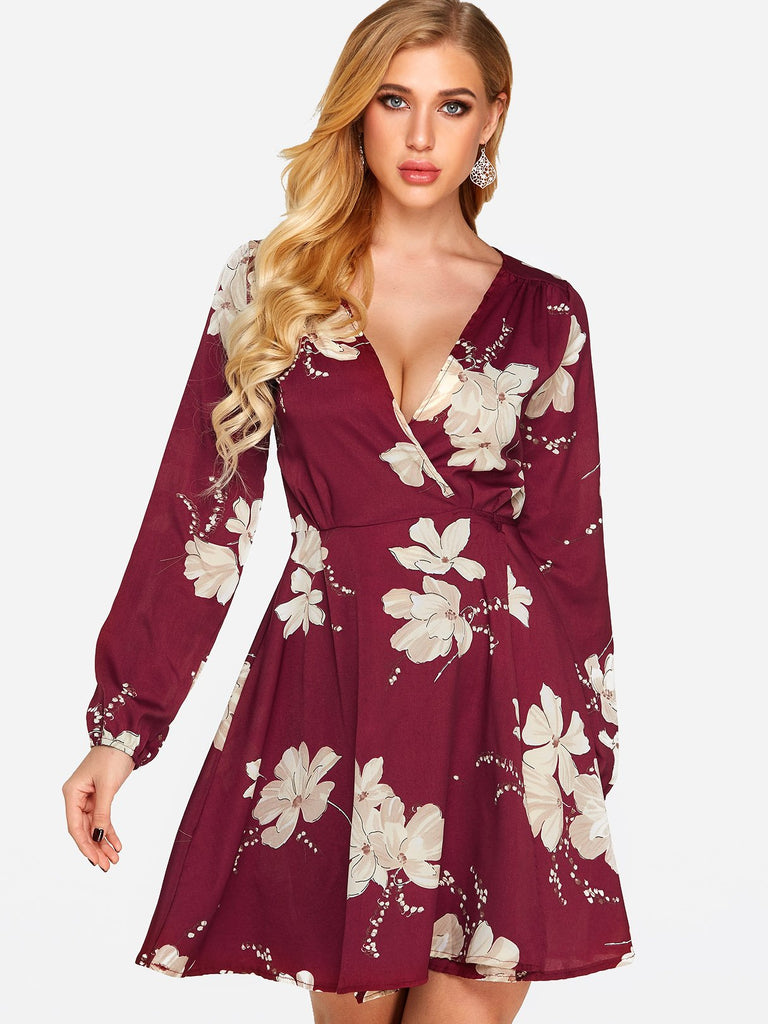 Red Crossed Collar Deep V Neck Long Sleeve Floral Print Dresses