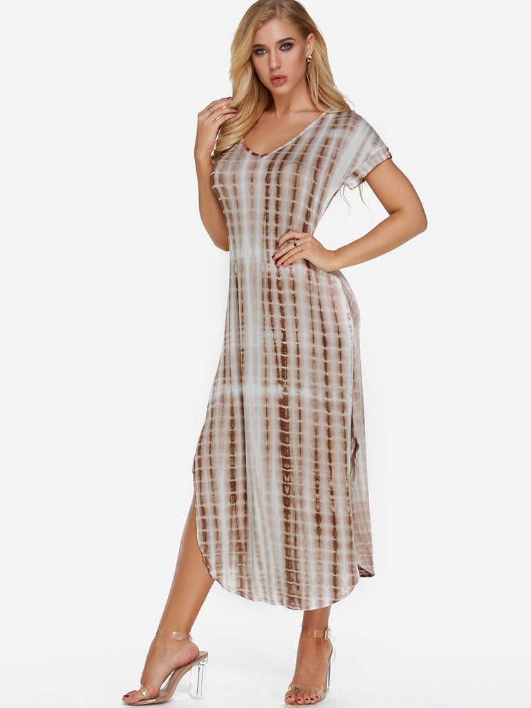 V-Neck Short Sleeve Printed Slit Hem Dresses