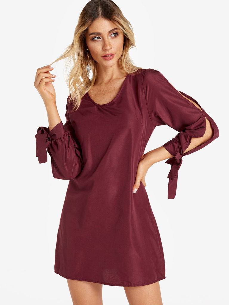 Cold Shoulder Long Sleeve Self-Tie Burgundy Casual Dresses