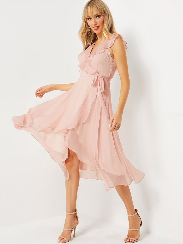 Pink V-Neck Sleeveless Plain Belt Wrap Irregular Hem Sexy Dress