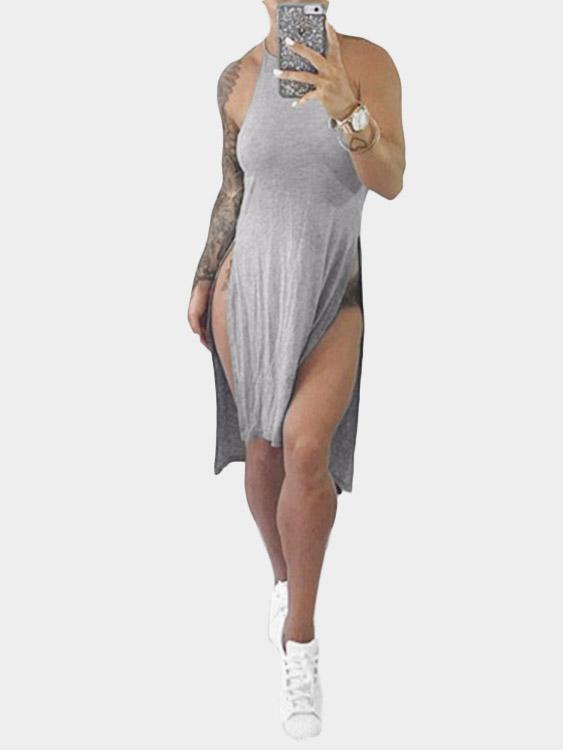 Grey Round Neck Sleeveless Slit Hem Sexy Dress