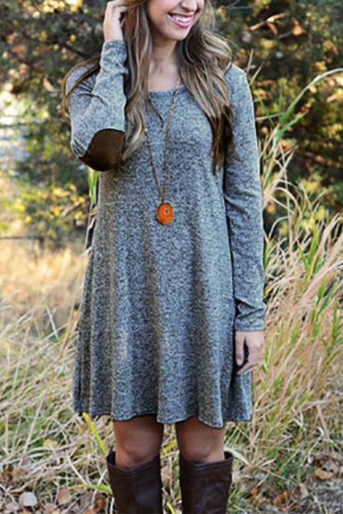 Grey Round Neck Long Sleeve Casual Dress