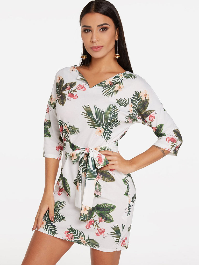 White 3/4 Length Sleeve Floral Print Self-Tie Mini Dress